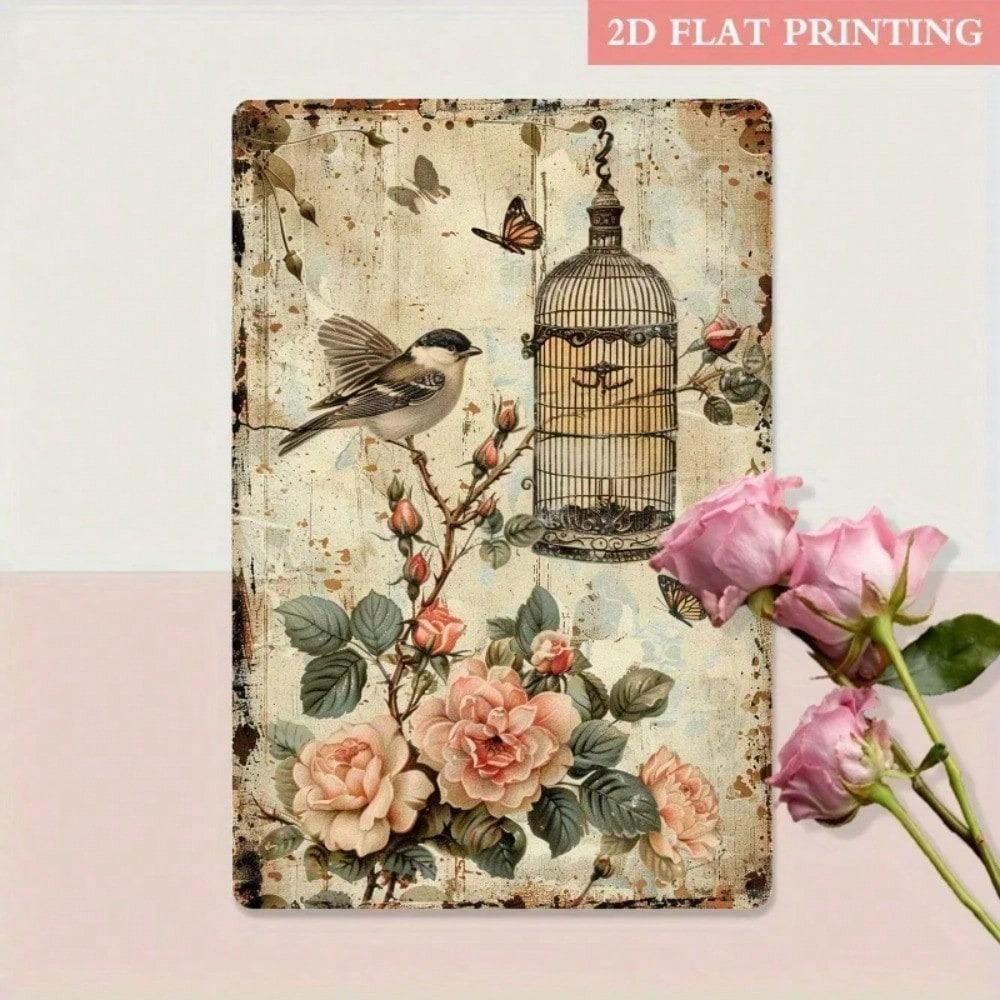 Vintage Retro Rose Bird Metal Sign 8x12 Inch Rustproof Iron Wall Art For Living Room Bedroom Home Decor