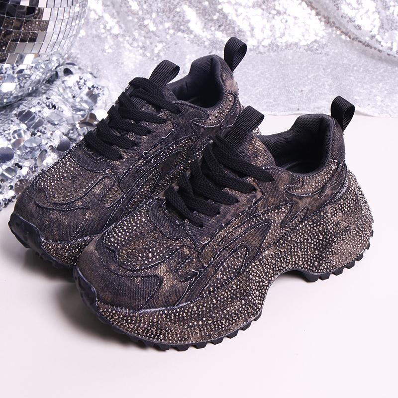 Fashion Luxury Rhinestone Chunky Sneakers for Women Fashion Purple Denim Platform Sports Shoes Woman Non Slip Thick Sole Vulcanize Shoes