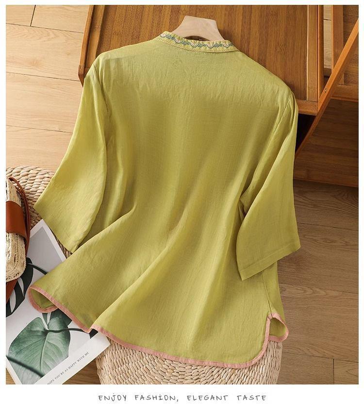Women's Ethnic Embroidered Chinese Style Cotton-Linen Shirt with Frog Buttons and Seven Sleeves