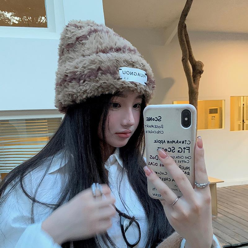 New Hat for Women Korean Style Stripes Showing Face Small Fluffy Warm Wool Hat Big Head Around Ear Protection Pile Hat Men's Trendy