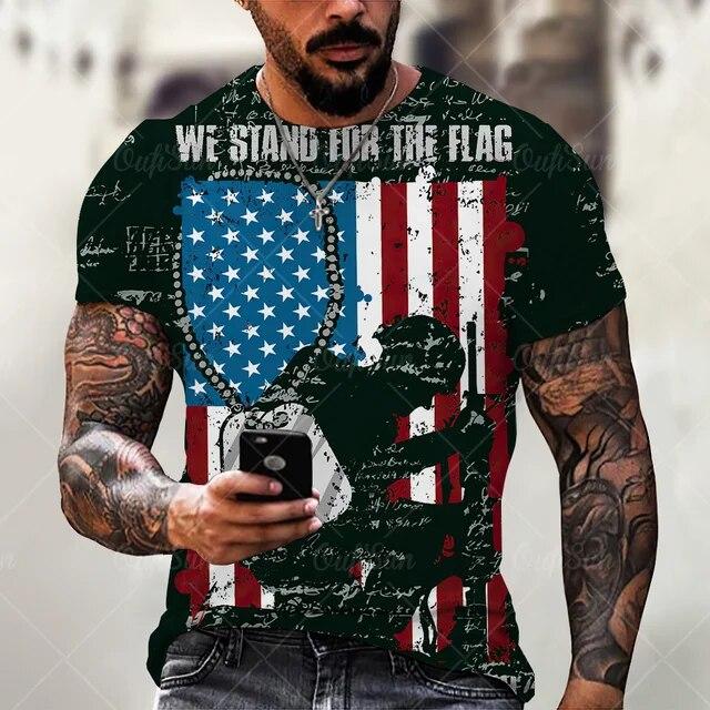 Módní pánská nadměrná 3DT košile s americkou vlajkou léto s krátkým rukávem s výstřihem do O Sportovní fitness košile Volný Prodyšný Streetwear Top