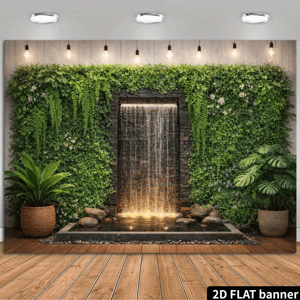 2D plane, stone wall water curtain with green plants as the background fabric, suitable for home decoration, polyester fiber