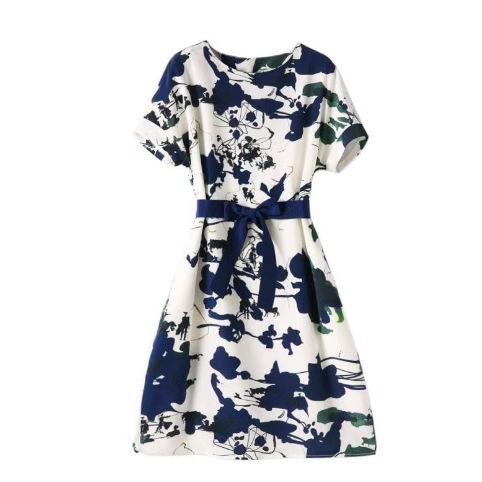 Women's Round Neck Short Sleeve Midi Dress Slim Fit High Waist Belted Ink Print A-Line Dress Casual Summer Elegant Fashion Dress