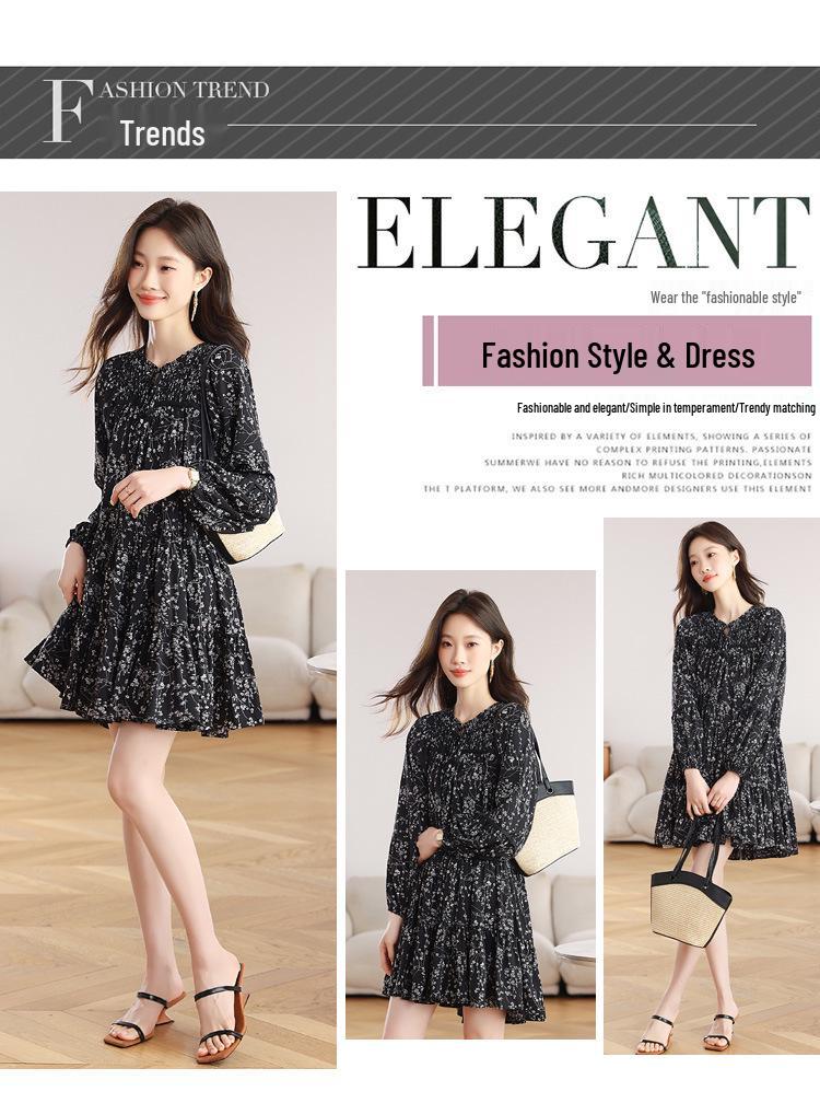 Plus Size Women's Floral Chiffon Dress: Salt-Sweet Autumn Style with Long Sleeves