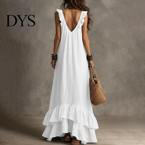 Pleated Dress Women Bohemian Long Summer Ruffle Deep V Neck Sleeveless Swing Solid Color Loose Casual Beach Vacation Maxi