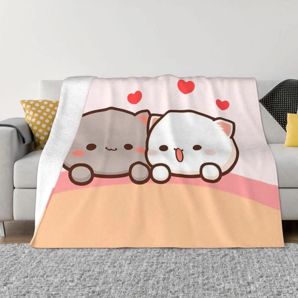 Peach And Goma Mochi Cat Teppe Korallfleece Plysj Høst/Vinter Bærbart Tynt Kasteteppe til Hjem Soverom Plysj Tynt Dyne