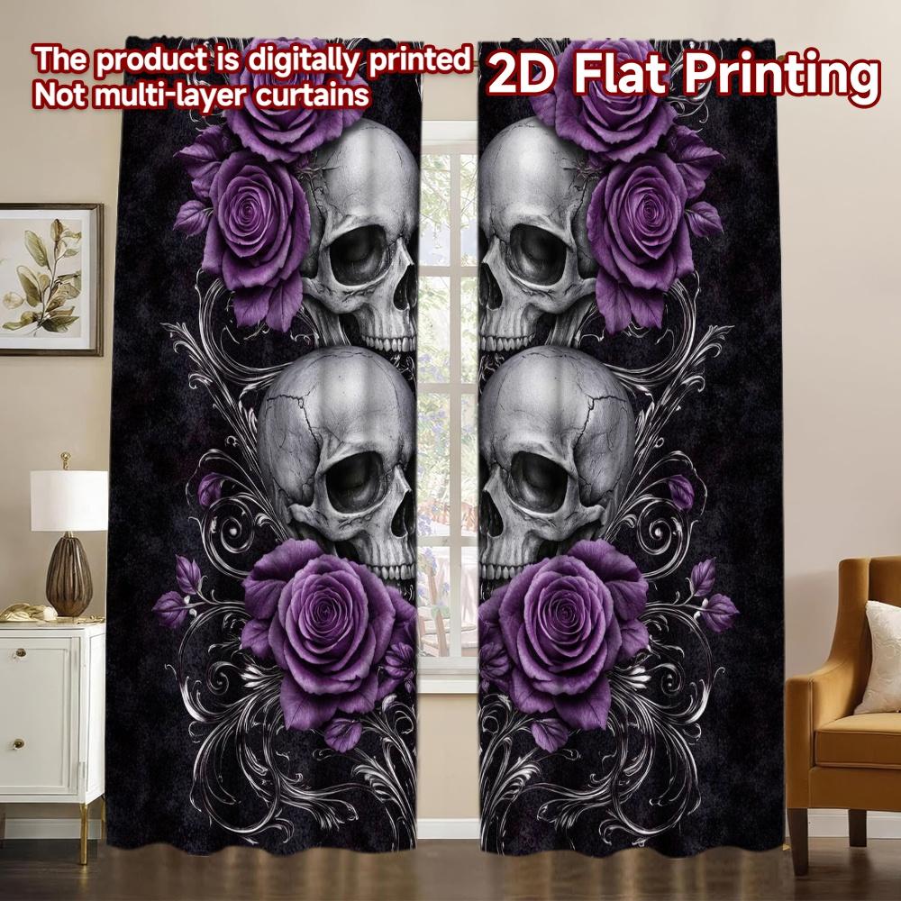 2D FLAT PRINTING 2pcs Curtains (Without Rod) Halloween Skulls and Roses(1) Popular Curtains&Window Treatment Yarn Curtains 60×150cm