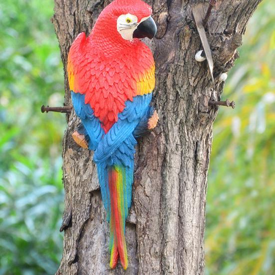 Tree Stump Parrot Ornament, Waterproof Resin Parrot Statue with Realistic Feather Texture, Outdoor Wall Mount Macaw Bird Ornament for Garden Tree