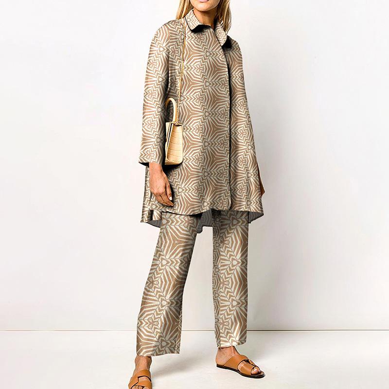 Grünes geometrisches Print Damenhemd und Wide Leg Hosen Kombinationsset