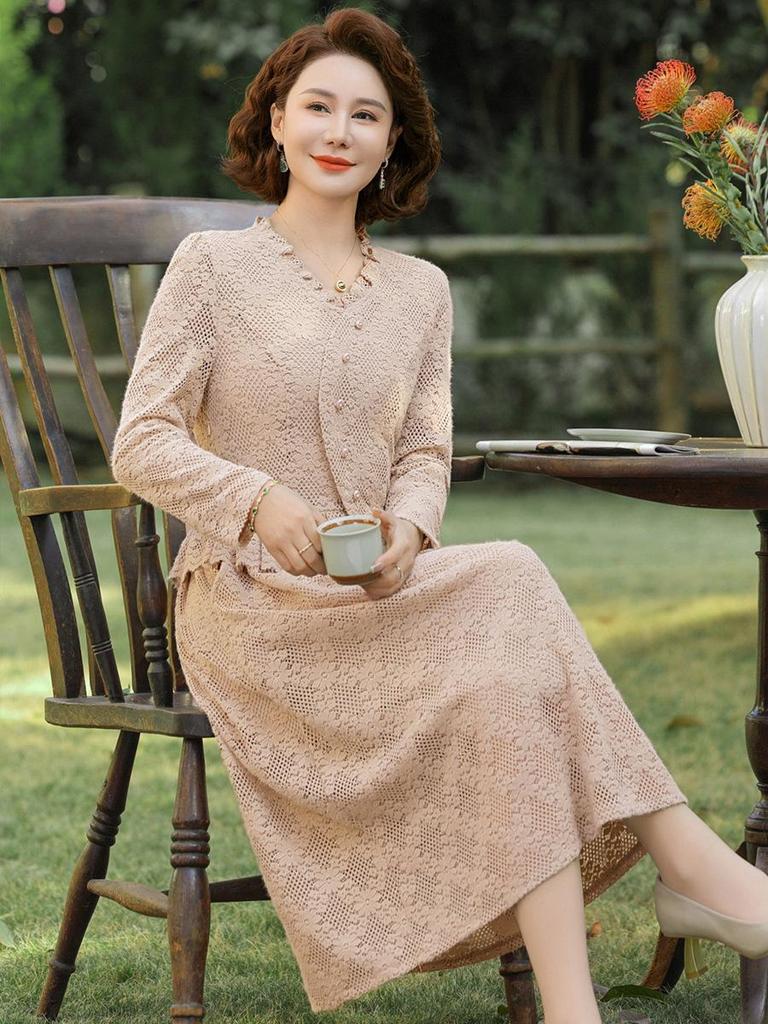 2026 New Style Lace Long-Sleeved Dress for Middle-Aged Women