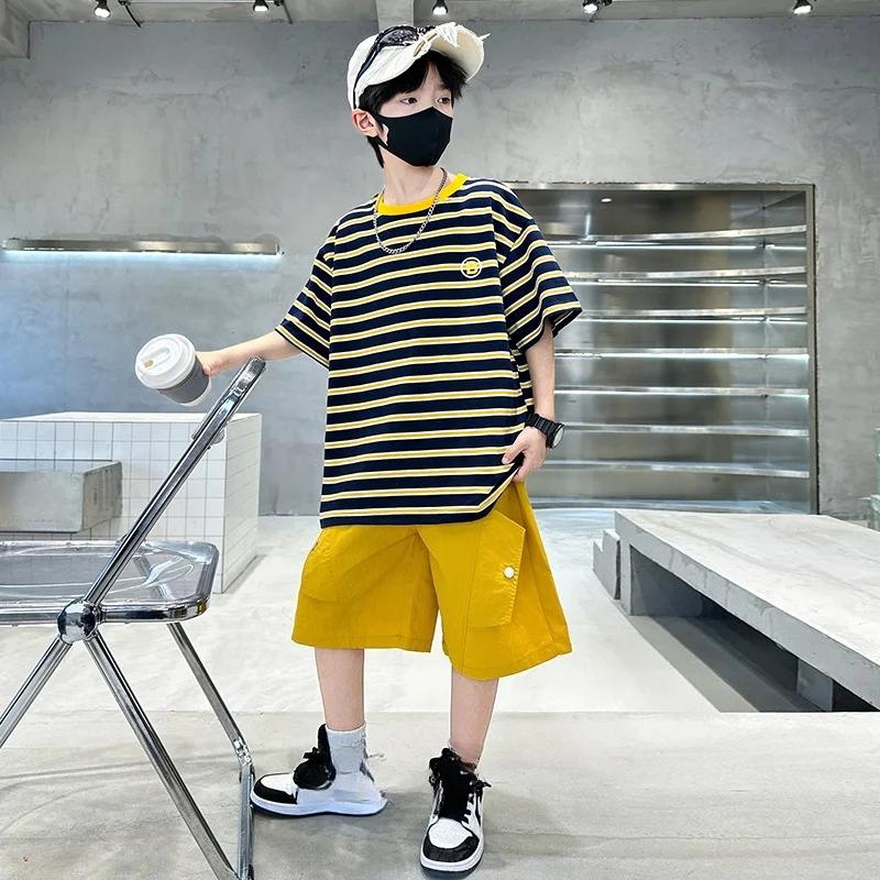 

Kids Striped Summer Suit for Boy with Shorts 2 Piece Cotton Clothing Set Children Top and Bottom Clothes Set Tracksuit Age 5-14Y 170 жовтий
