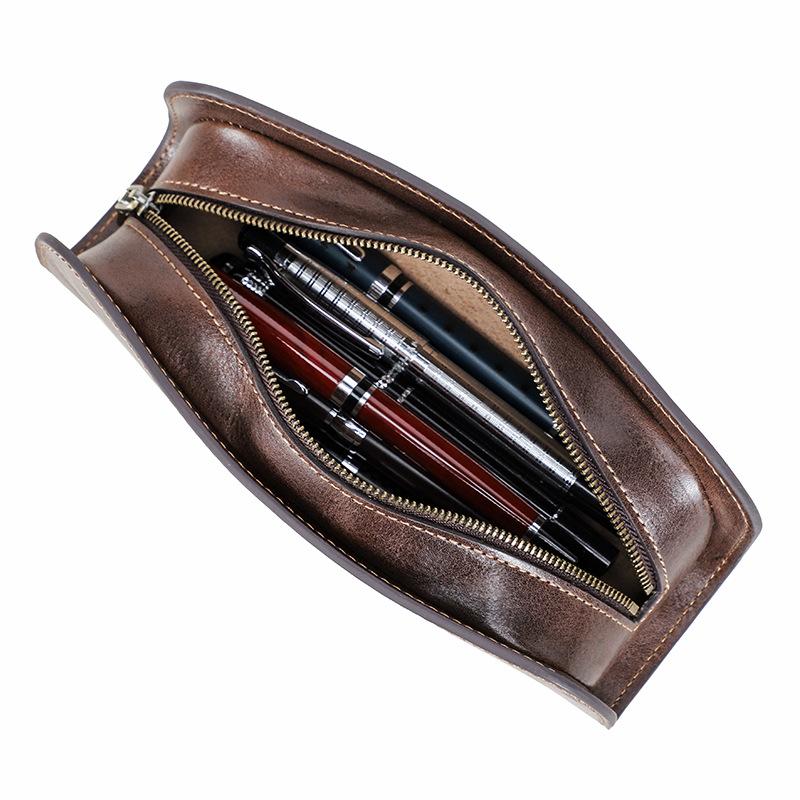 Brown Thick Cowhide Pencil Case Handmade Large Capacity Student Office Zipper Creative Pen Storage Box