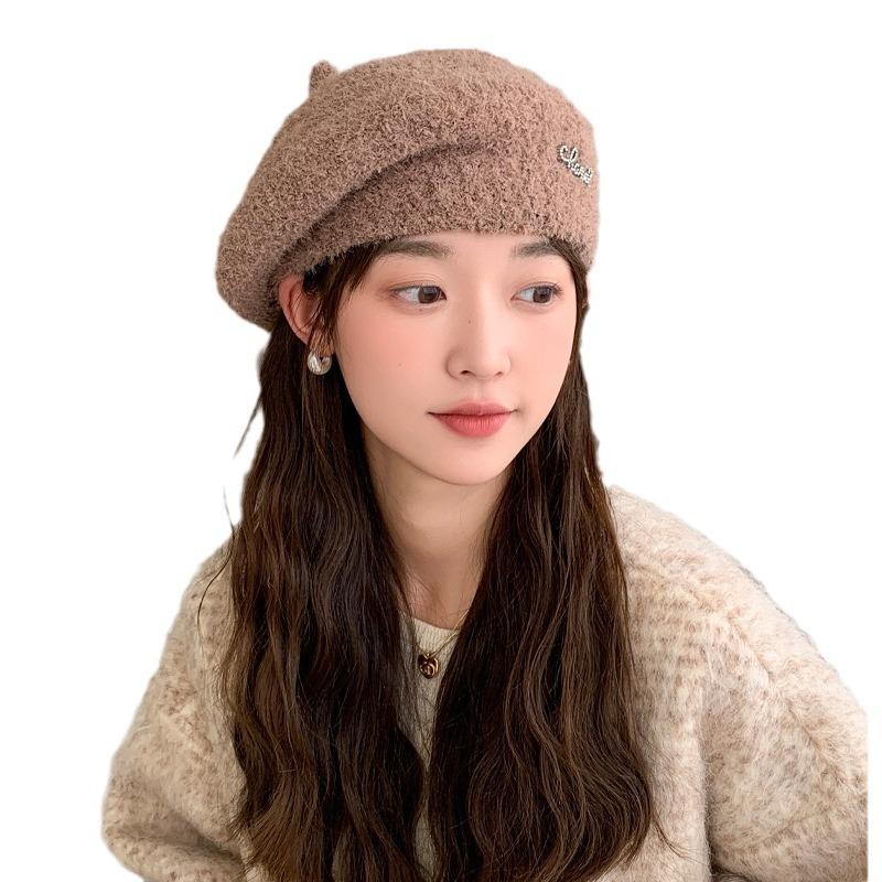 Autumn and winter new hats women's diamond-encrusted alphabet knitted wool beret winter warm pumpkin hat tide