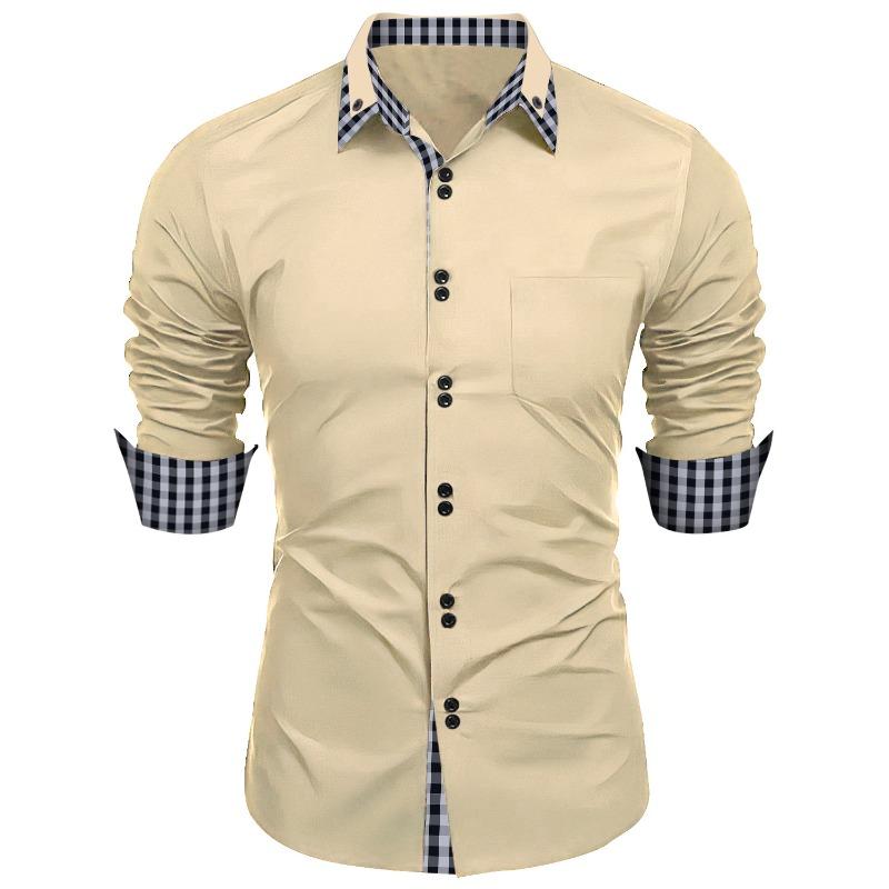 Fashionable Men s Spring Autumn Men s Plaid Color Matching Slim Casual Shirt Long Sleeved Shirt S хаки