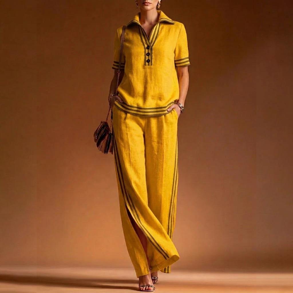 Conjunto de dos piezas para mujer, top casual de lino con cuello en V y pantalones, atuendo de dos piezas, corte relajado, tejido ligero y transpirable, adecuado para el uso diario