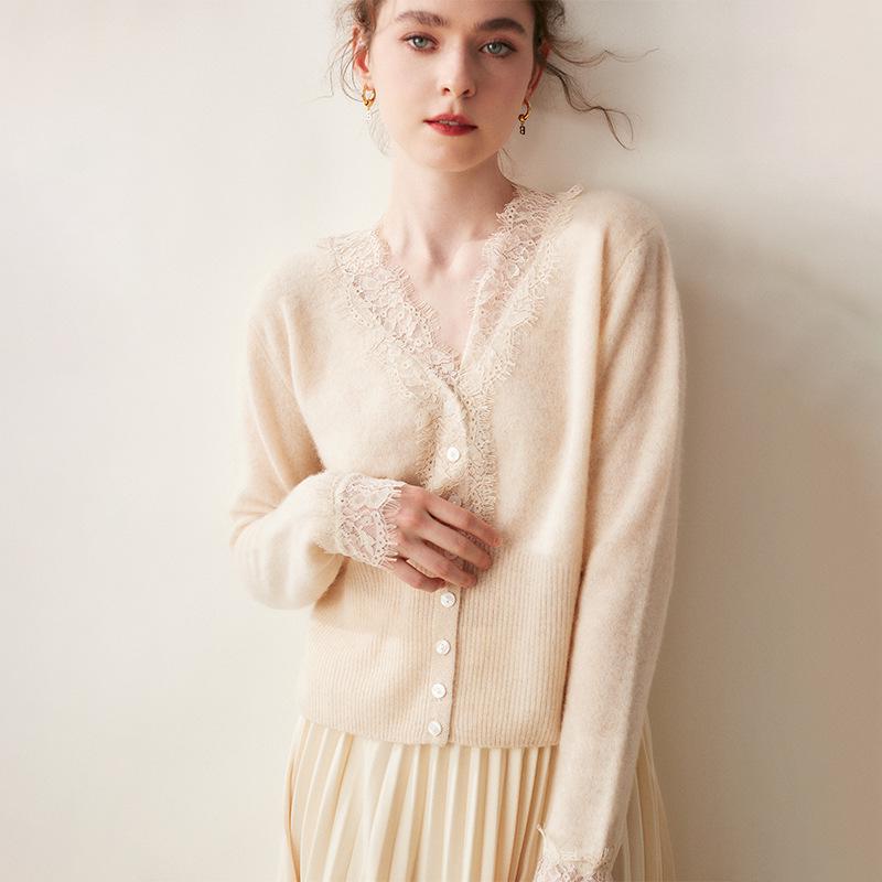 Cardigan in Pizzo e Cashmere da Donna con Scollo a V - Modello Sottile, Cashmere di Capra di Alta Qualità, Collezione Autunno/Inverno.