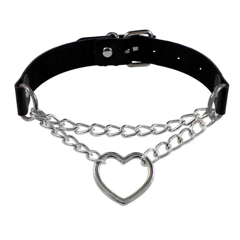1PC Punk Rock Gothic PU Leather Necklace Heart Round Spike Rivet Collar Studded Choker Chain Necklace Handmade Jewelry