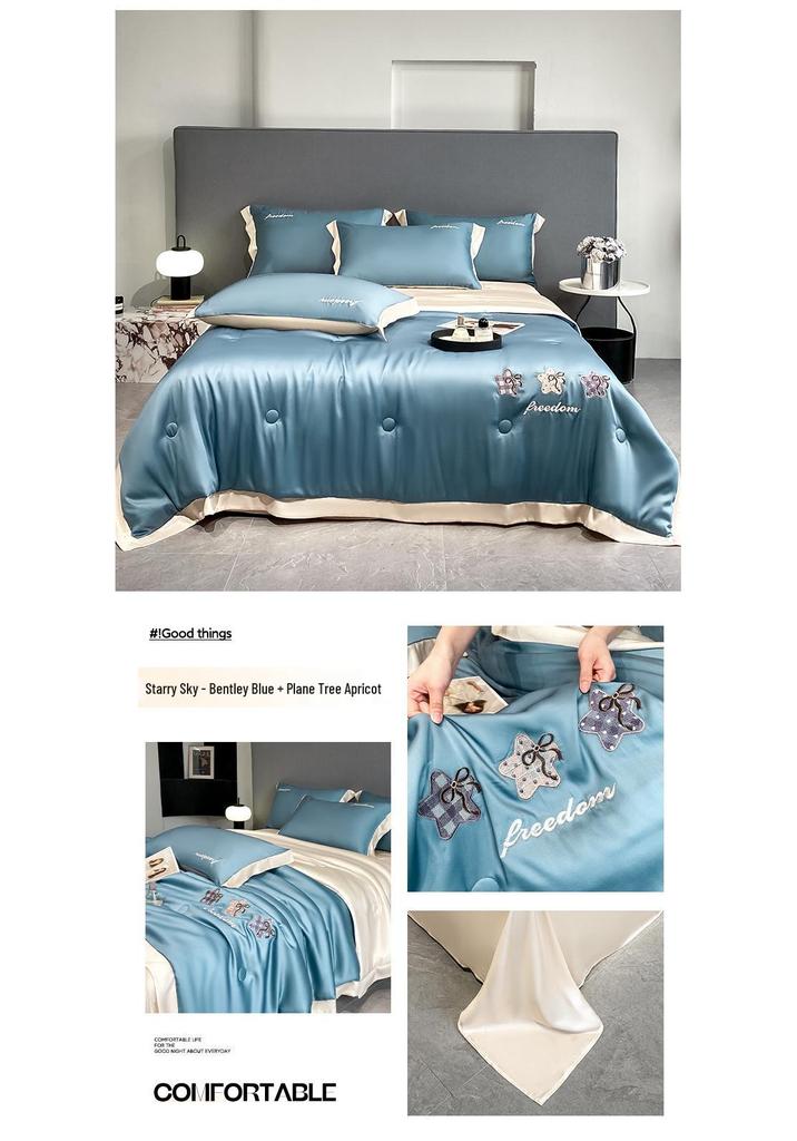Class A Ice Silk Water Washable Summer Quilt Set - Naked Sleep Embroidery, Thin Blanket, Air Conditioning Quilt, Four-Piece Gift.
