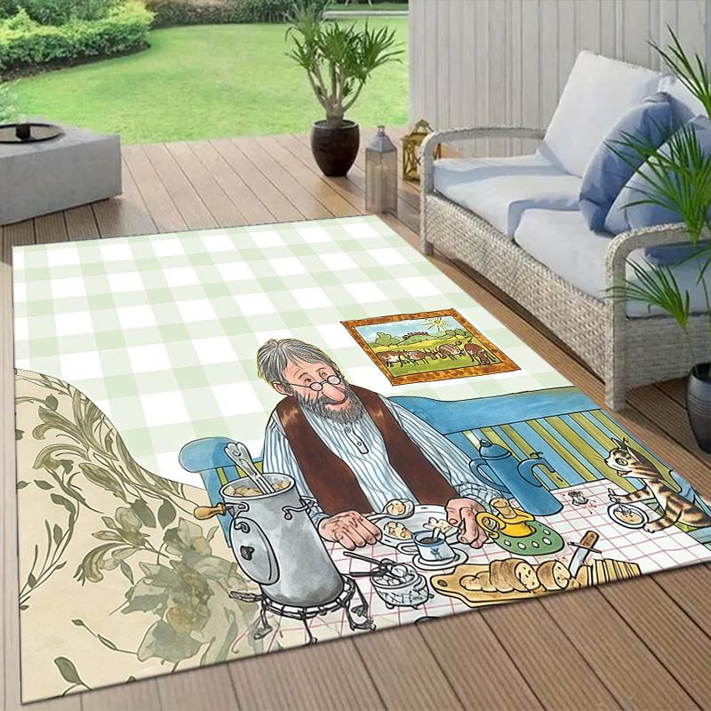 Pettson and Findus Flannel Pattern Square Carpet,Area Rug,Carpet Rug for Living Room Bedroom Sofa Playroom Decor,Non-slip Floor Mat