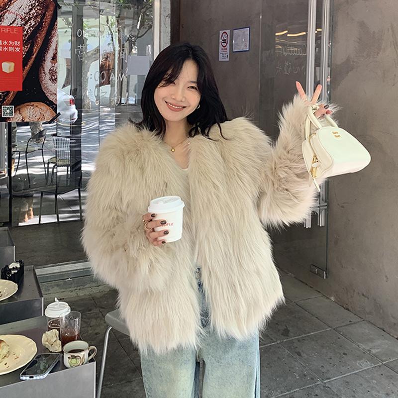 Winter New Elegant Long Sleeve Fox Fur Jackets Women Fashion Vintage Slim Plush Warm Casual Coats Women Solid Loose Office Ladies Jacket Tops 25879