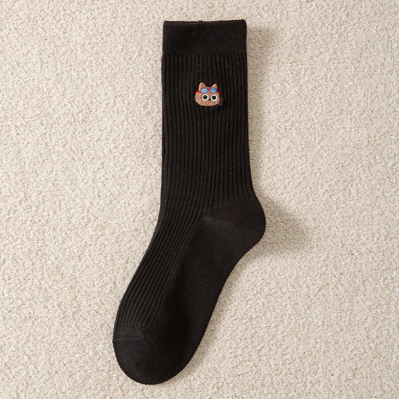 

Женские хлопковые носки до середины икры в японском стиле с двойной иглой - Осень/Зима, вертикальная полоска с мультяшной вышивкой One Size чёрный