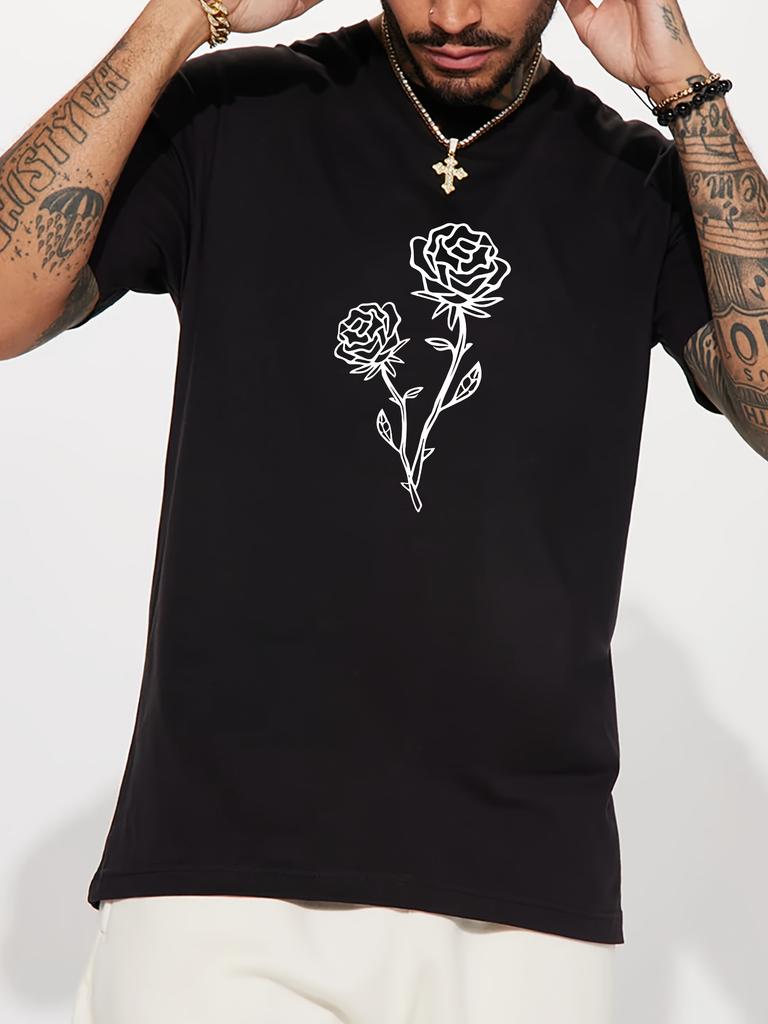 Unisex Summer Cotton Short Sleeve T Shirt Black Line Two Rose Stem Print Crew Neck Minimalist Aesthetic Street Casual Male Tee