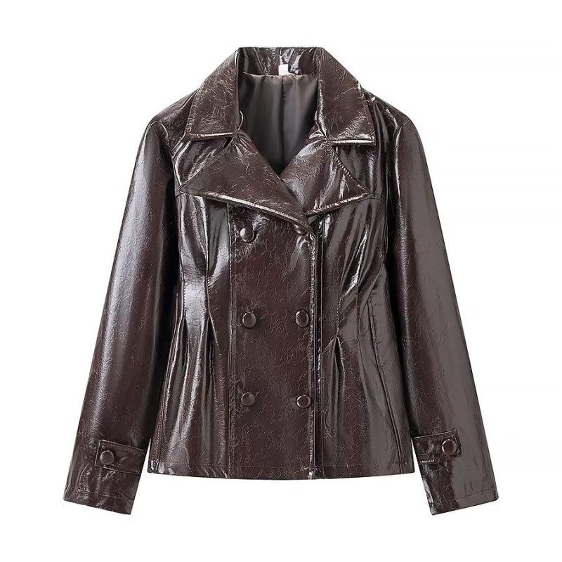 

Women s Shiny Double-Breasted Leather Suit - 2025 Fashion Trend Extra Small