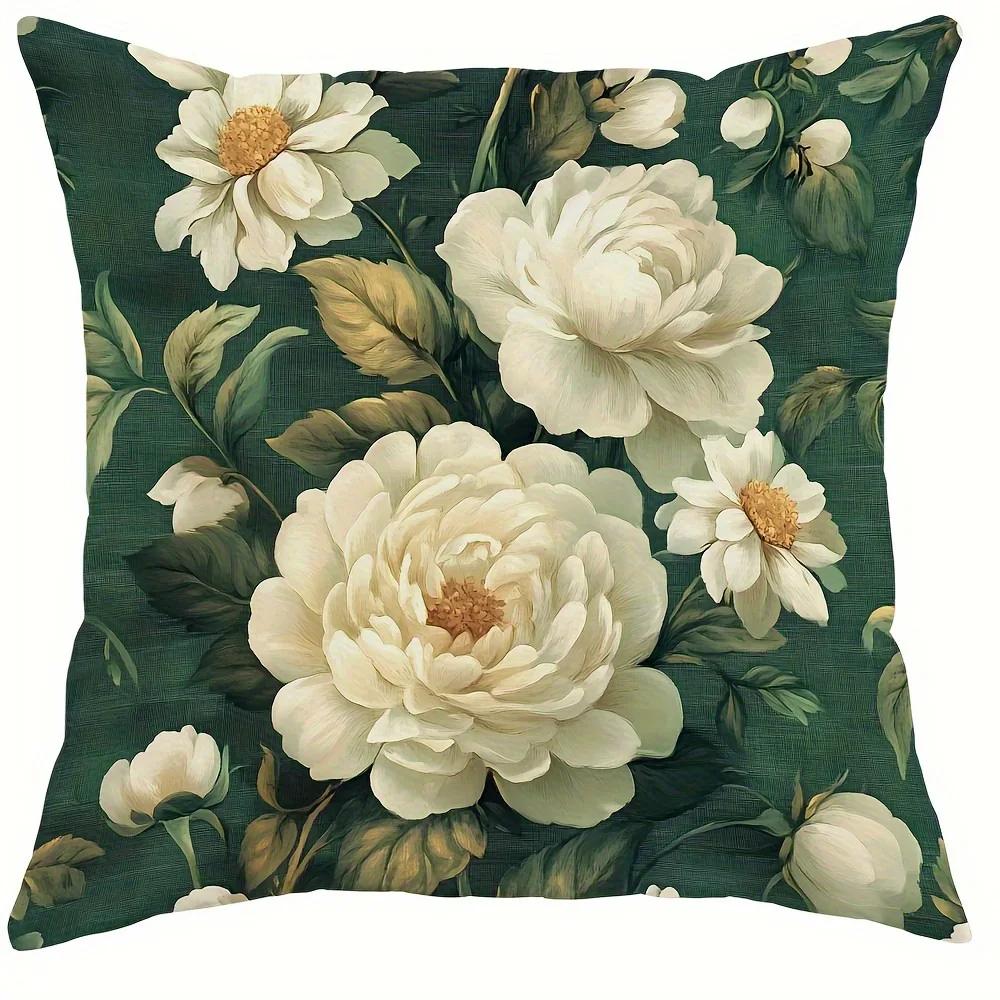 Green Floral Peony Pattern Throw Pillow Cover with Short Plush Print for Living Room Sofa Decoration Cushion Cover Pillow Covers