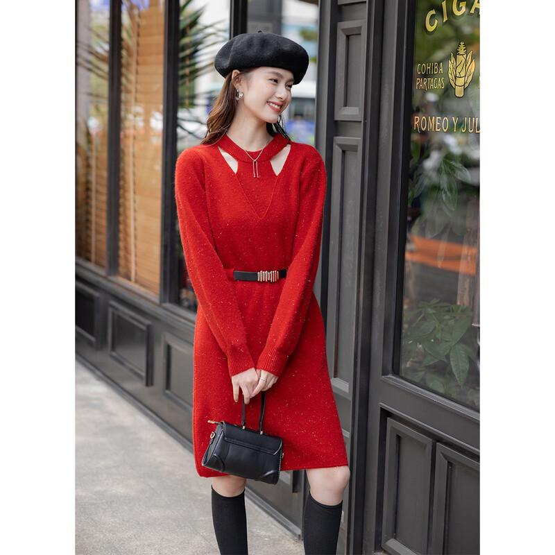 Women's Winter Waist-Cinching Knitted Sweater Dress with Belt