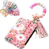 PU Leather Boho Beaded Wallet Keychain Multifunctional Floral Pattern Decorated Wristlet Keychain Wallet Portable