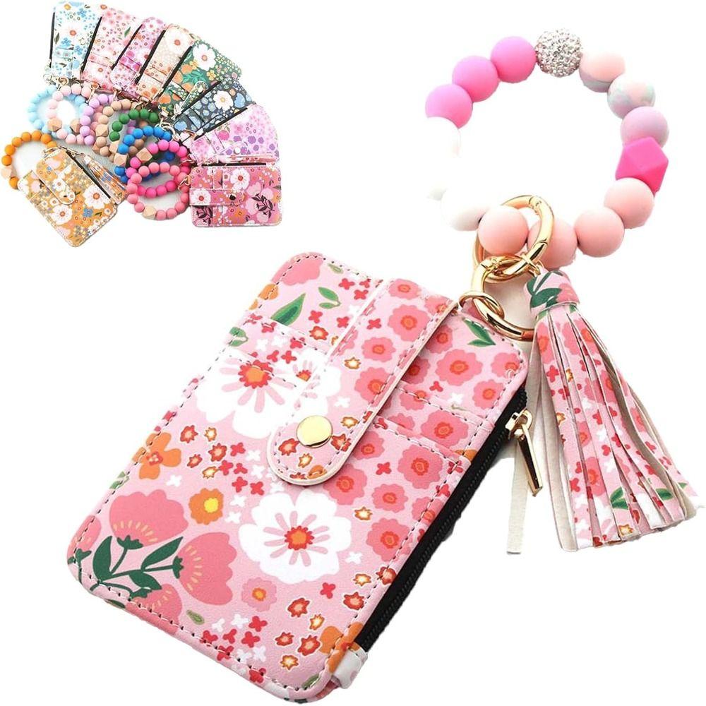 PU Leather Boho Beaded Wallet Keychain Multifunctional Floral Pattern Decorated Wristlet Keychain Wallet Portable