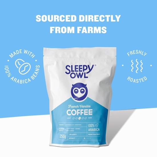 Sleepy Owl French Vanilla Ground Coffee | Fine Grind Coffee | Moka Pot, Home Espresso | Medium Roast | 100% Arabica | Freshly Roasted & Ground | 250g