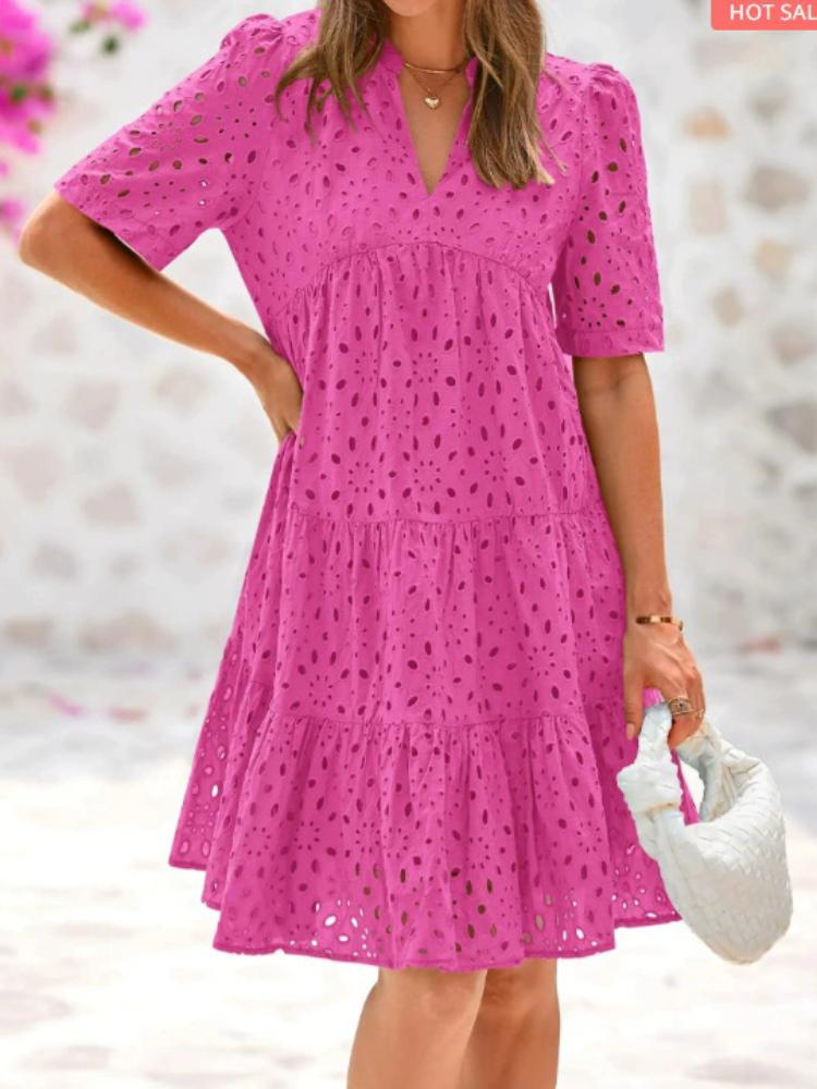 V-neck Short Sleeved Hollow Lace A-line Skirt Sweet Dress