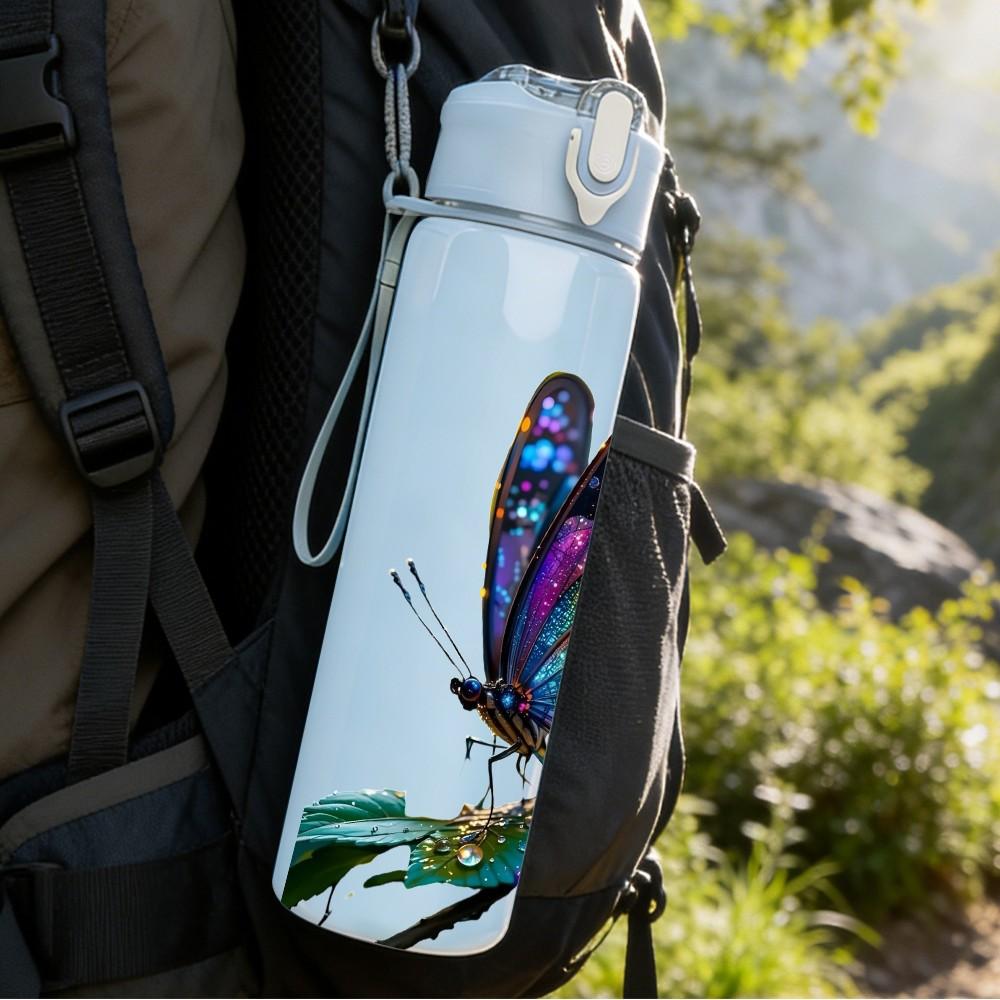 1PC Bright Color Butterfly Insect Print 750ml Color Plastic Sports Water Bottle Leakproof Flip Straw Lid Suitable for Sports Office Home Use