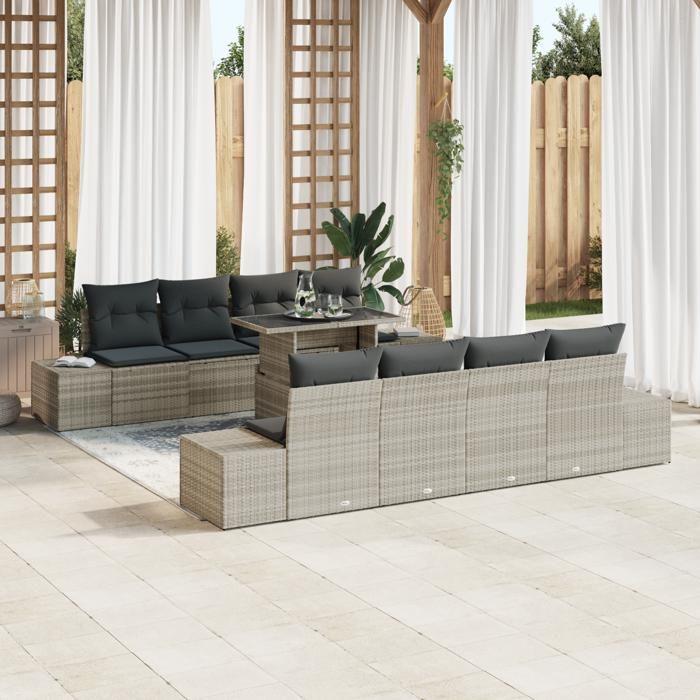 VidaXL Ensemble Canapé de Jardin 9 Pièces avec Coussins Gris Clair Poly Rotin 3349148