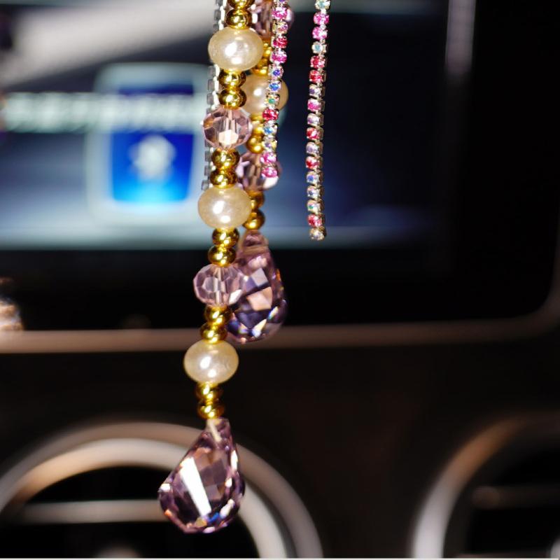 New Bowknot Car Pendant Cute Crystal Tassels Chain Rearview Mirror Ornament Pearl Rhinestone Car Accessories