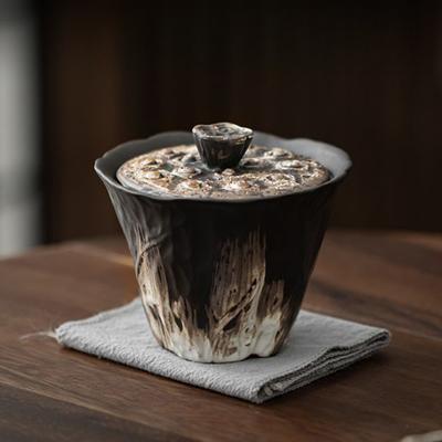 200 ml handgefertigte geprägte Lotus-Tee-Turee aus Keramik, Wabi-Sabi-Stil, abgedeckte Schüssel, grobe Keramik, Teekocher, Gaiwan, Kung-Fu-Teeset, Geschenk
