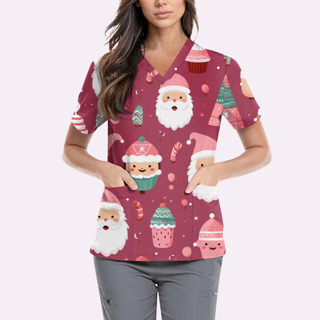 Women's Cute Printed Work Clothes V-neck Double Layer Pockets Basic Short Sleeve Top Pullover Valentines