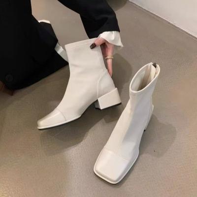 Spliced Block Heel Single Boots Autumn New Square Toe Spliced Zipper Soft Sole Non-Slip Wear-Resistant Single Shoes