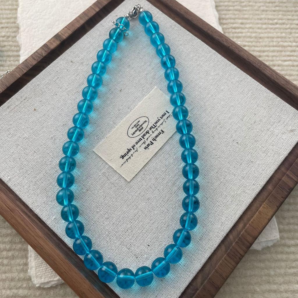 Summer ice blue high-transparency crystal necklace, sea blue treasure color niche collarbone chain, women's personality cold and simple