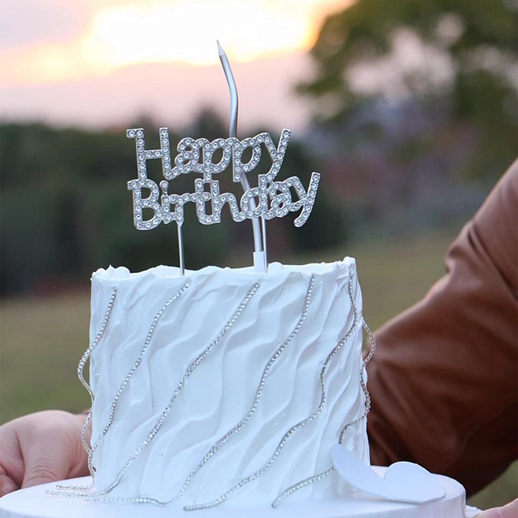 New Alloy Rhinestone Golden Silver Happy Birthday Love Cake Topper for Birthday Wedding Party Cake Decoration Supplies
