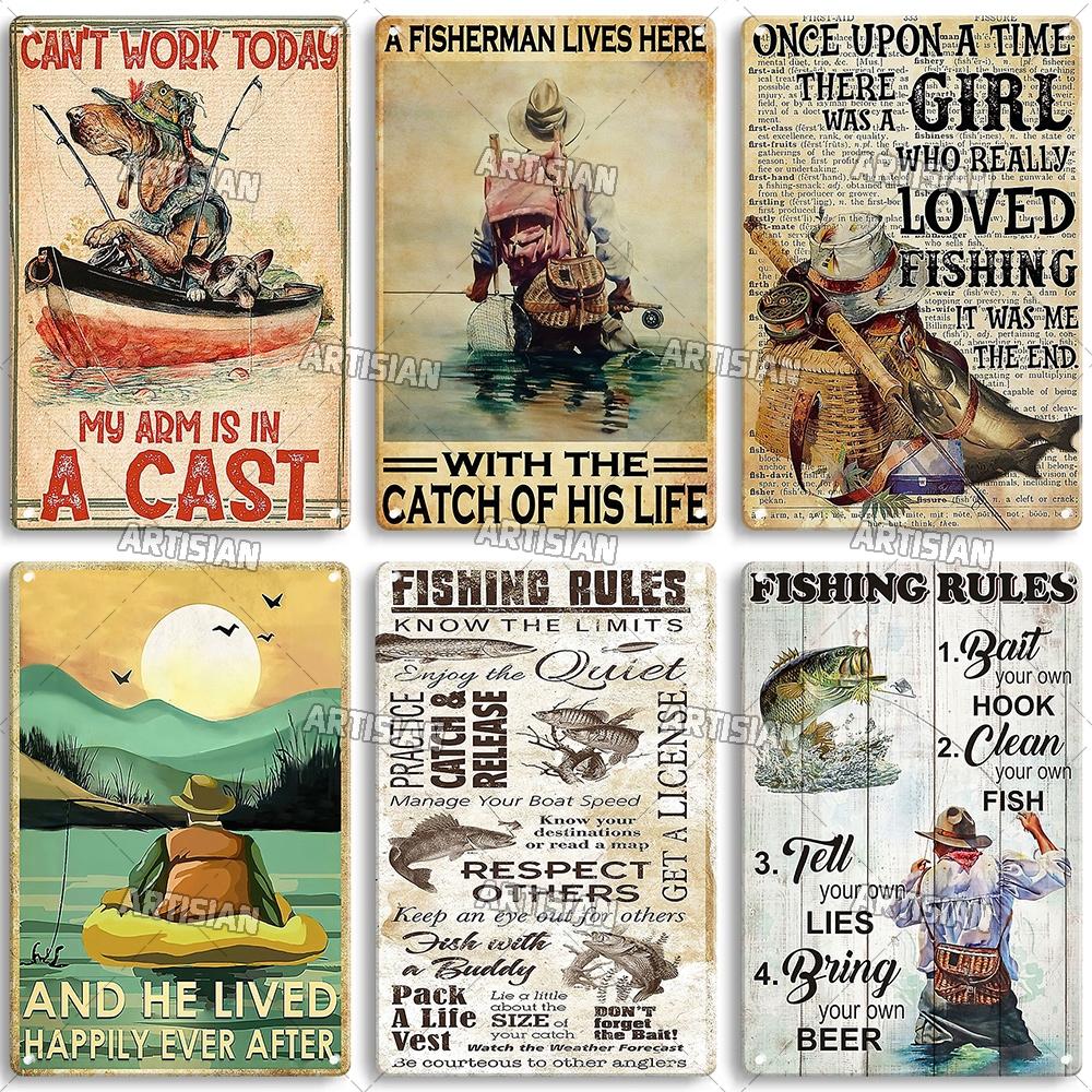 Artisian Fishing Metall-Poster, Sport, Weißblech, Köder, dekoratives Schild, Wanddekoration, Garage, Bar, Pub, Club, Hotel, Café, Küche, Zuhause