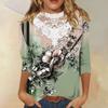 3/4 Length Sleeve Womens Tops Casual Loose Fit Lace V-neck T Shirts Cute Retro Floral Print Three Quarter Length Tunic Tops