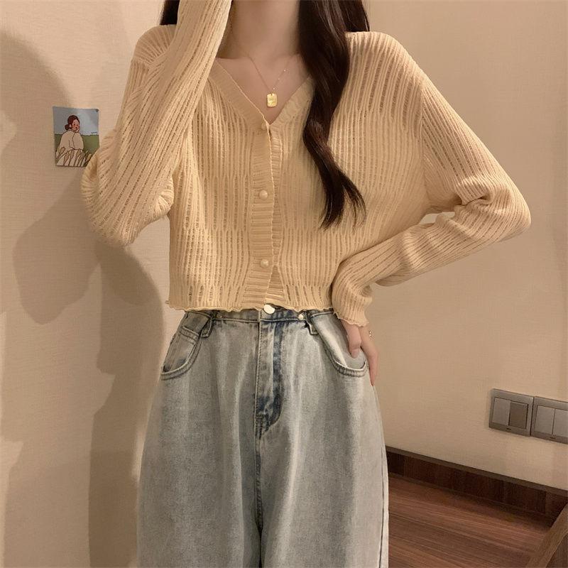 Thin Ruffled V - Neck Knitted Sweater for Women Long - Sleeve Sun - Protection Short Cardigan for Summer Figure - Slimming Outerwear Top