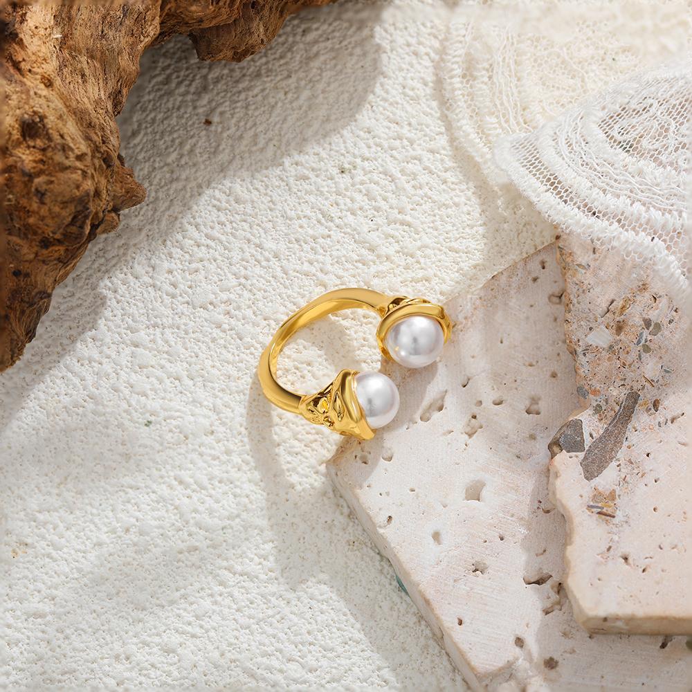 Fashion Imitation Pearl Geometric Open Ring Women Stainless Steel Elegant Gold Plated Stacking Ring High Quality Jewelry Bijoux
