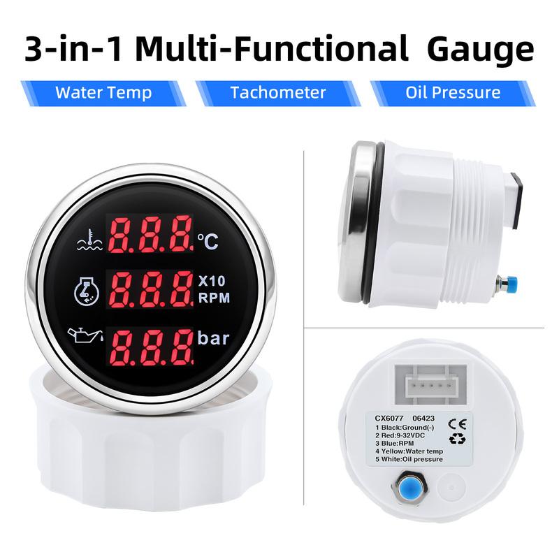3 in 1 Gauge Tachometer+Oil Pressure+Water Temperature Gauge With Alarm 0-10Bar Oil Press Sensor for 12V 24V Car Boat Marine