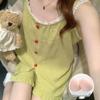 2026 Summer Cloud Cotton Pajama Set with Built-in Bra for Women - Princess Style Camisole & Round Neck Sweet Homewear