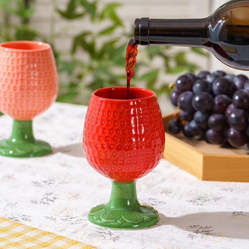 Ceramic Strawberry Embossed Wine Glass Set, Large European Style Stemware for Dining and Milk, Reusable, Insulated , Machine Washable