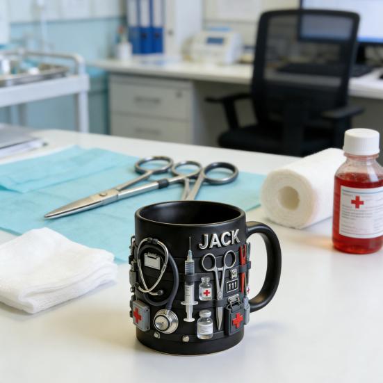 Personalisierte Tasse mit medizinischem Thema ER Jack Ersthelfer 3D Medizinische Werkzeuge Tasse Schwarze Keramik Kaffeetasse für Ärzte Krankenschwestern Praktisches Geschenk Sammlerstück