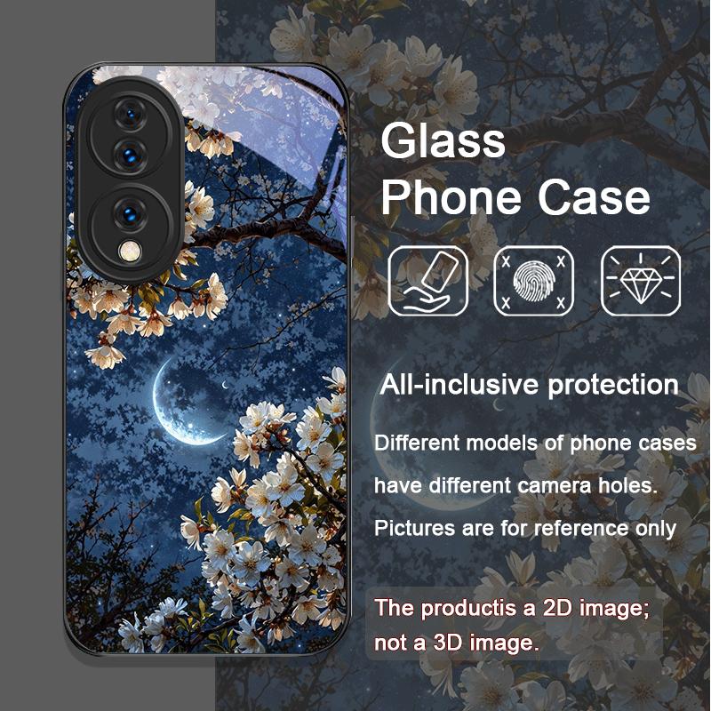 Moon Cherry Blossom Pattern Scenery Tempered Glass Phone Case for Huawei Nova 13 12 11 10 SE Mate 70 60 Pro Plus P60 P40 Covers